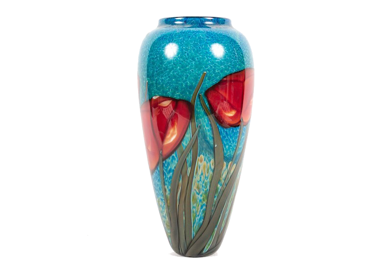 a Richard Satava blown art glass vase circa 1997 displaying red poppy flowers on olive green stems